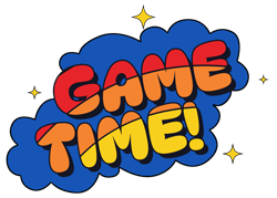 Colorful illustration of the words, "Game Time!" over a blue cloud with stars around it.