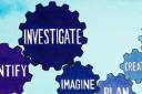 Gears showing the connectivity between identify, investigate, design, plan, create, test, improve, communicate
